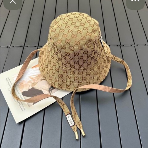 Gucci Beige GG Monogram Bucket Hat with Chin Straps - Picture 2 of 6